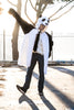 Guy in Griz Coat panda hoodie doing some strange disco dance move